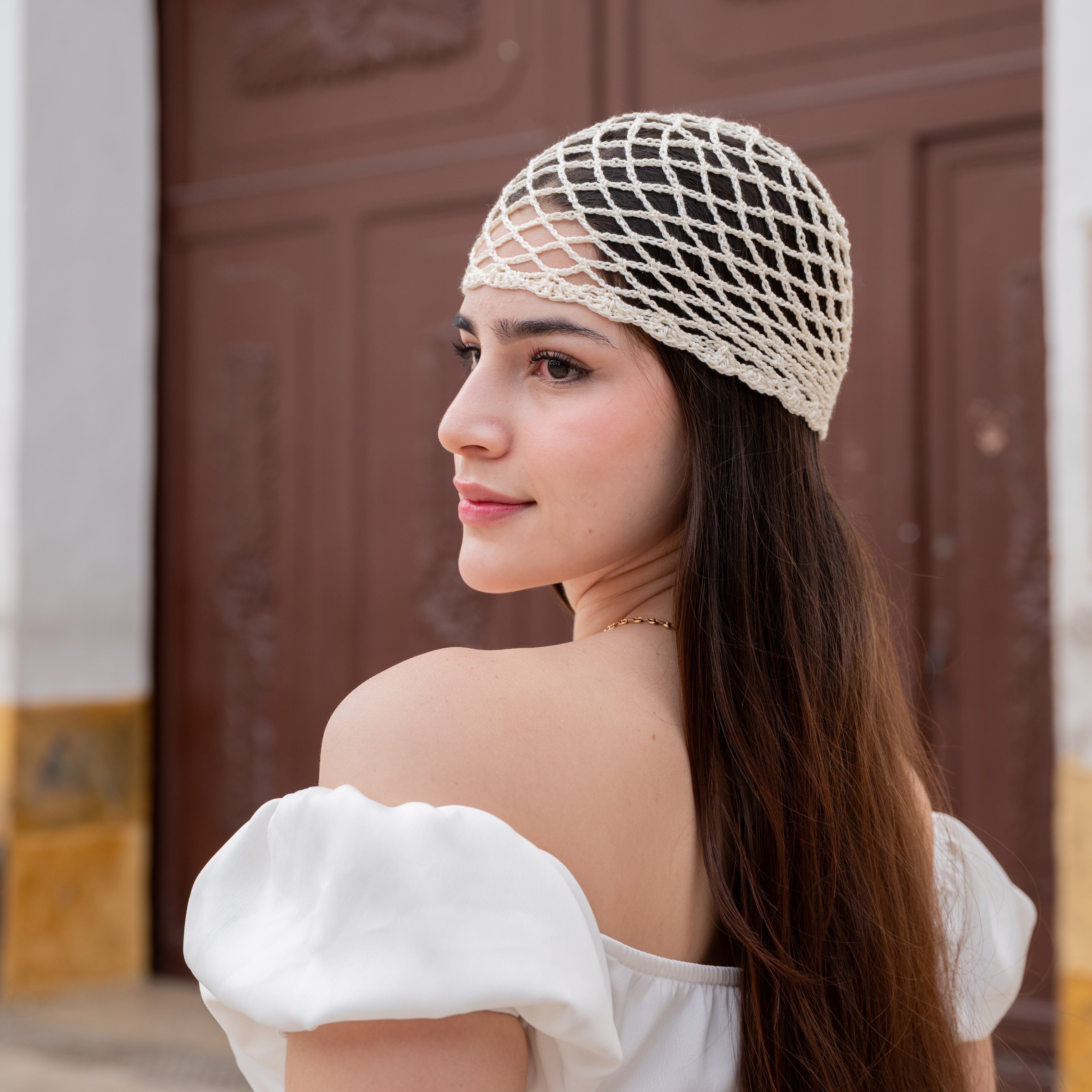 Crochet Mesh Hat Crema